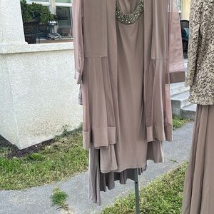 Elegant Taupe Dress with Embellished Neckline